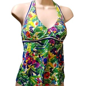 Land's End Women Tropical Floral Halter Neck Self-bra Swim Tankini Top Sz 4 NWOT